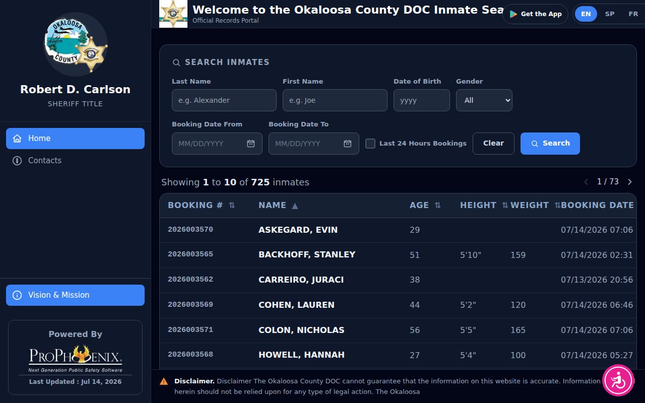 Okaloosa County jail locator with current custody and last 24 hours bookings controls