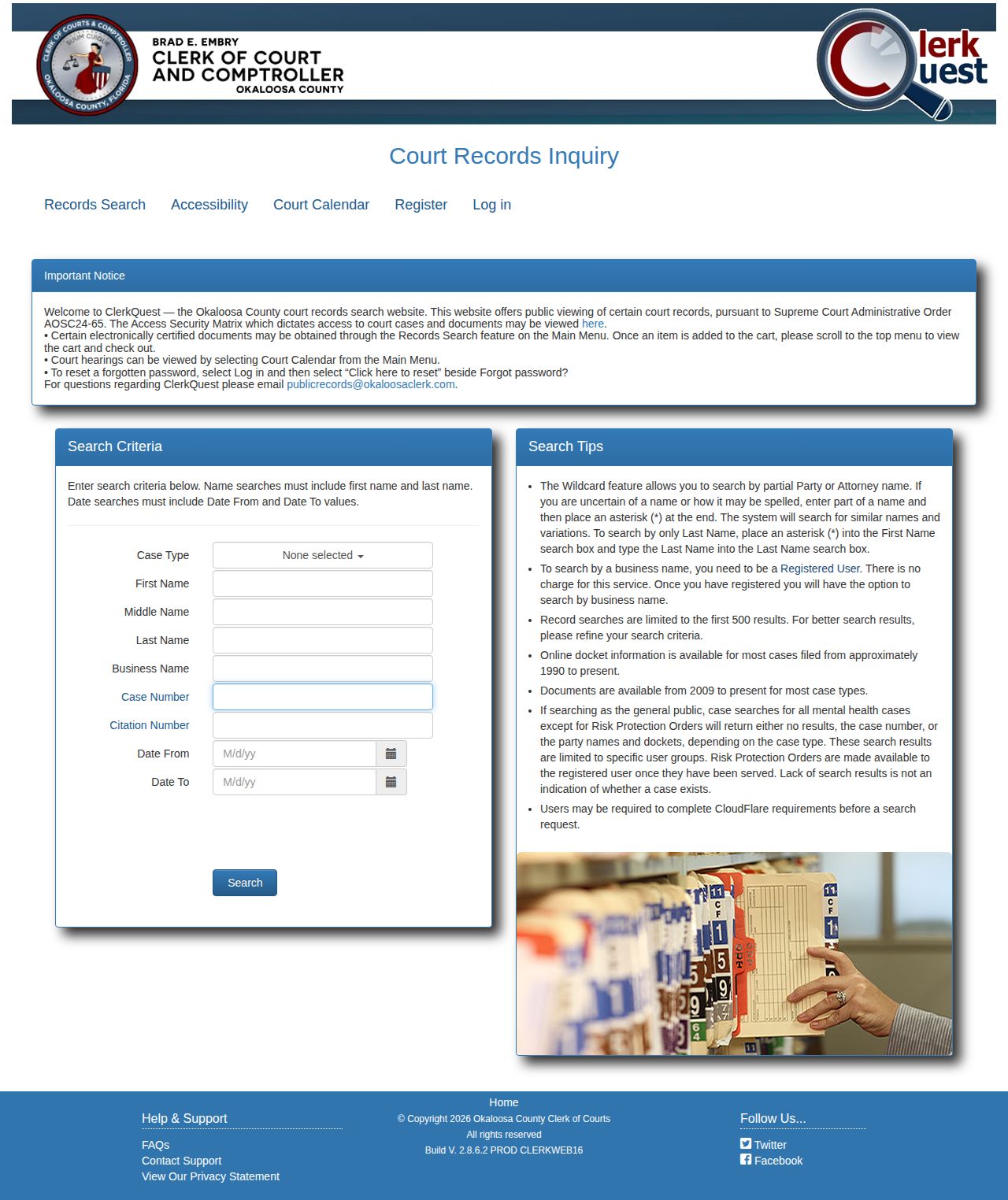 Okaloosa ClerkQuest criminal case search and disposition fields