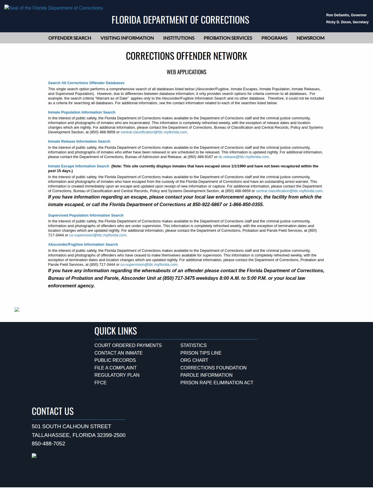 Florida Department of Corrections menu separating inmate release and supervision searches