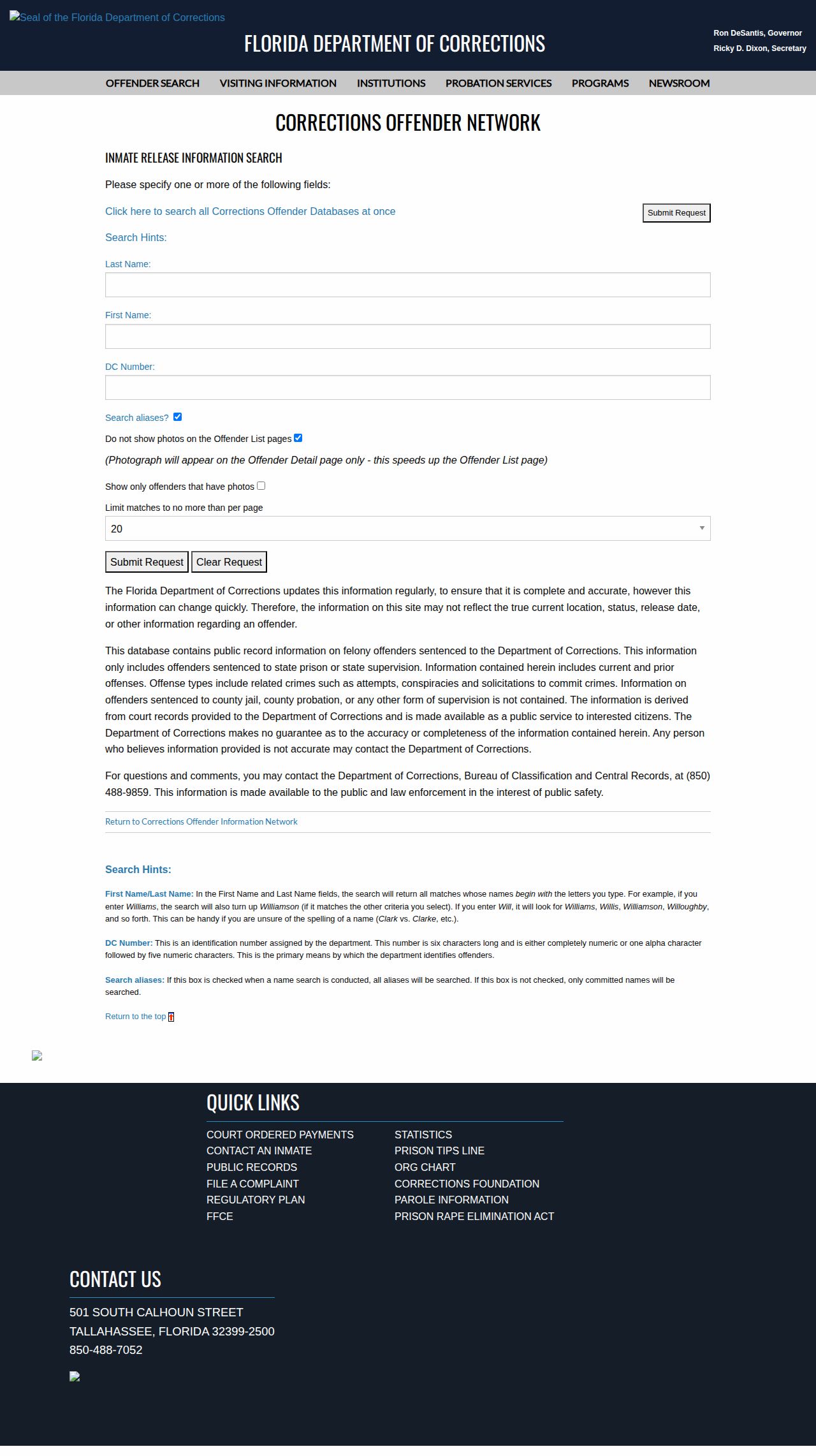FDC Inmate Release Information Search with release record fields