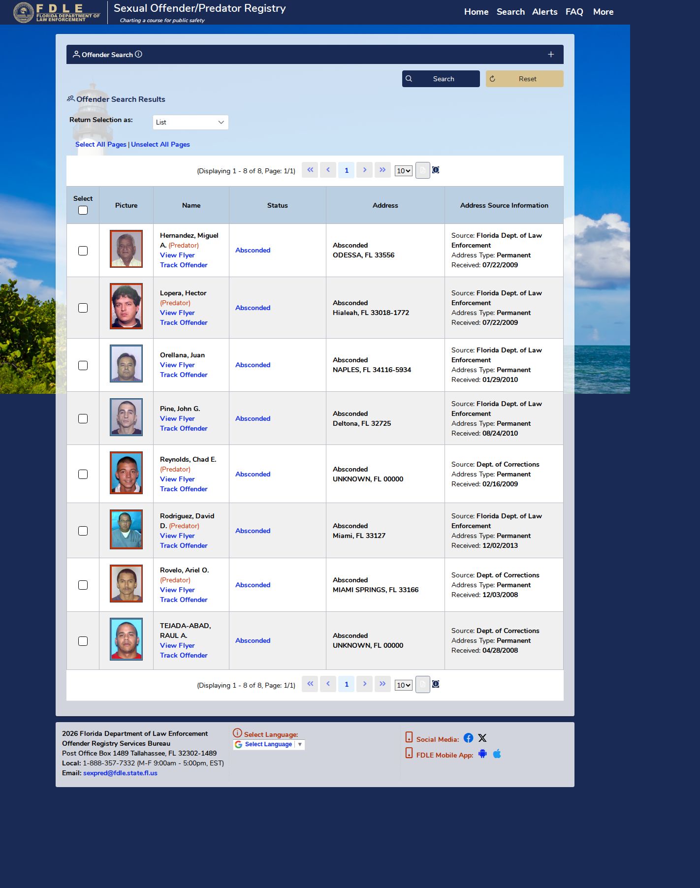Florida FDLE registry showing Okaloosa County and Released Subject to Registration search options
