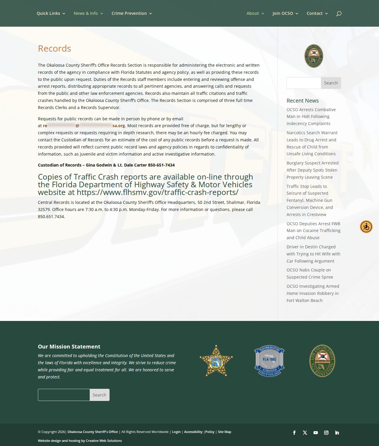 Okaloosa County Sheriff's Office records request channel for arrest reports and agency media