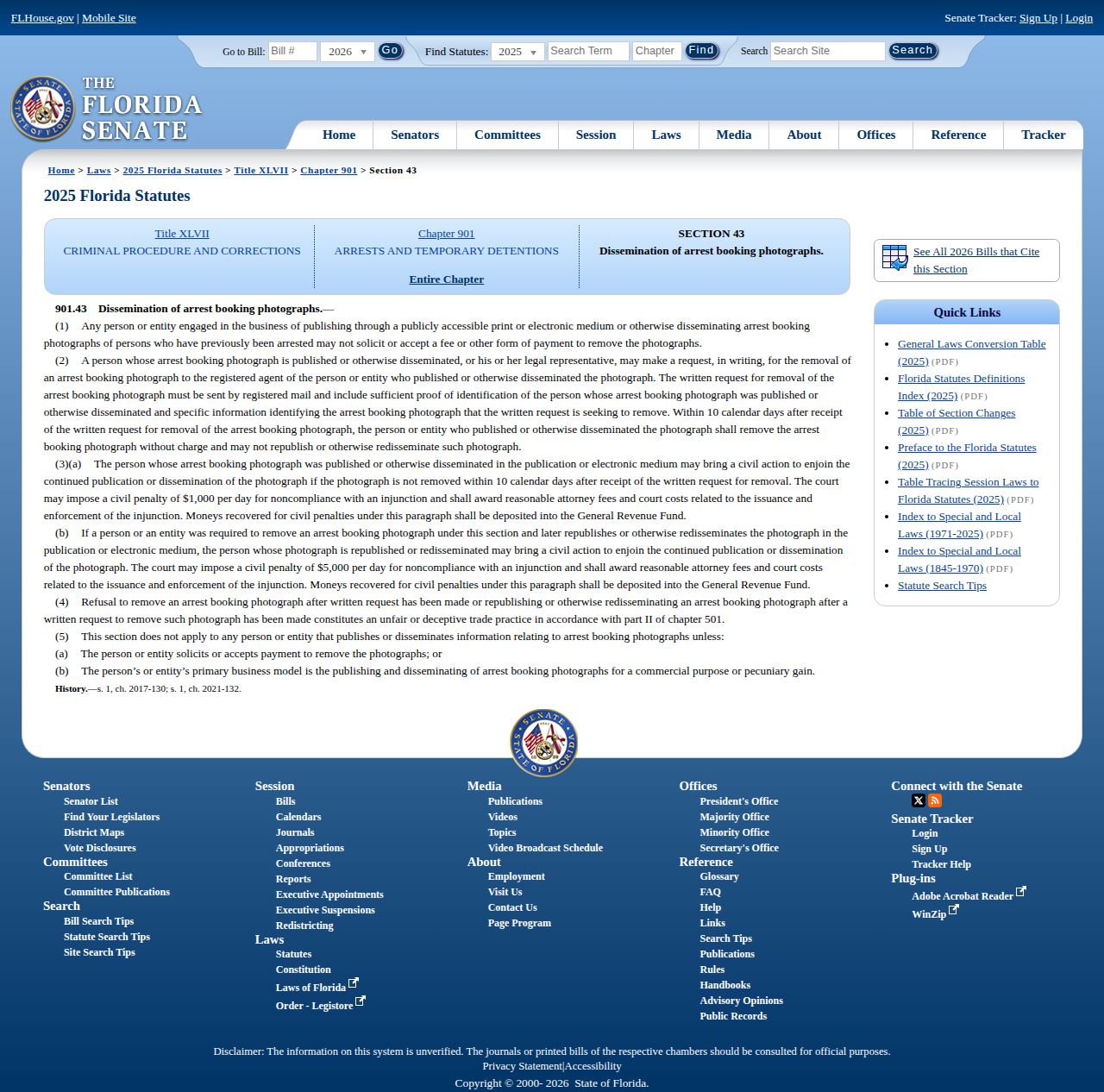 Florida statute governing payment and removal requests for covered commercial booking photo publishers