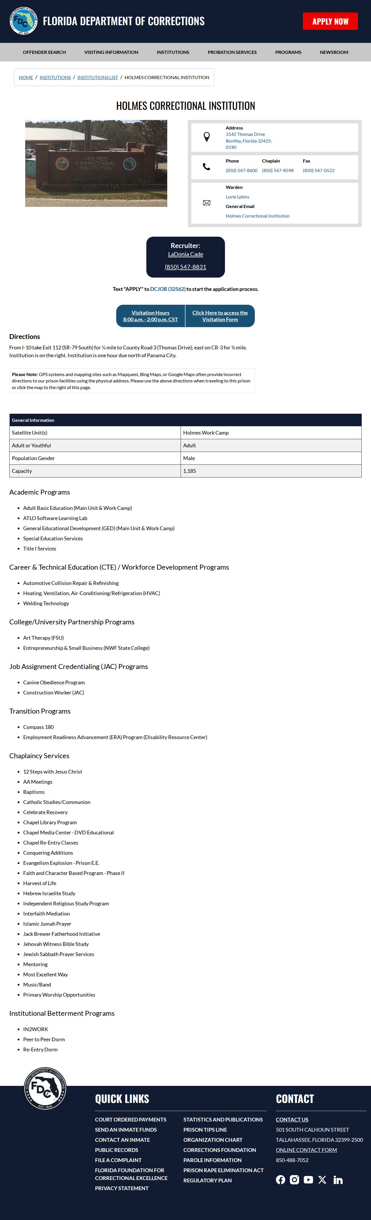 Florida Department of Corrections page for Okaloosa Correctional Institution