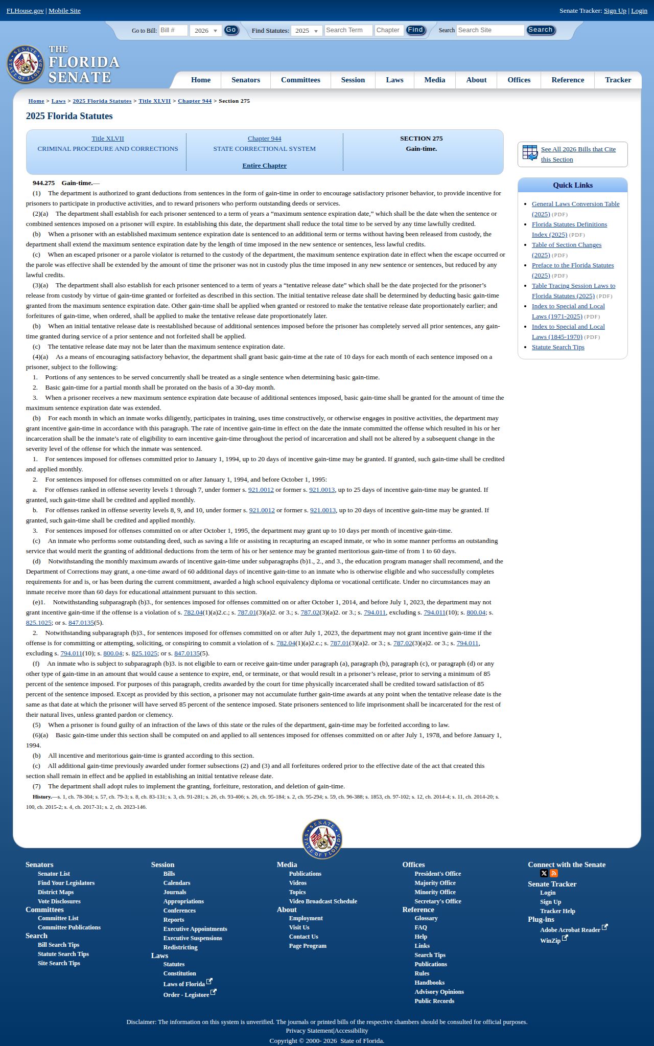 Florida statute governing Okaloosa projected release date and gain time